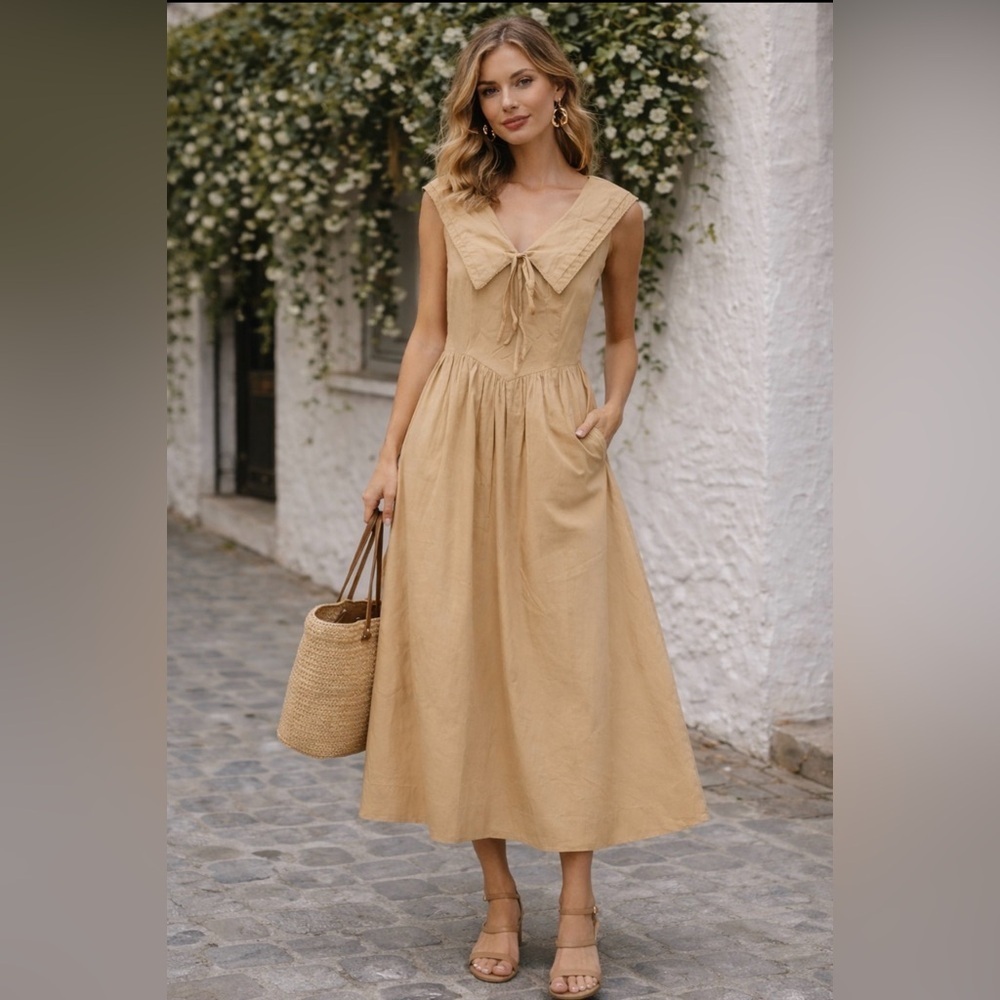 Boheme Tan Midi Dress with Bow Detail